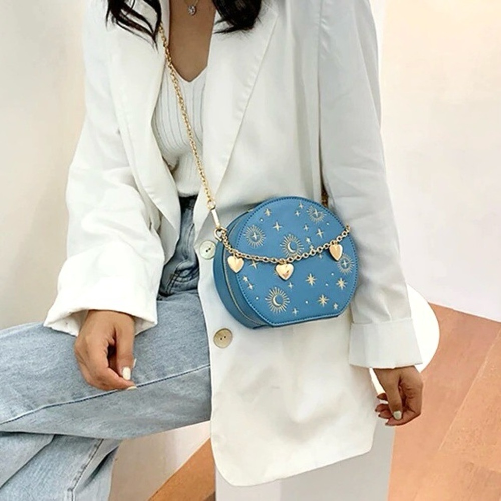 Starry Sky Gold Chain Round Bag Hippie Crescent Moon Stars Circular Shoulder Bag